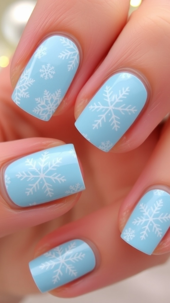 Short nails painted blue with white snowflakes for Christmas nail art.